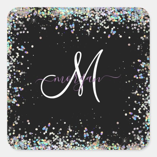 Holografische Glitter Regenboog Pastels Monogram Vierkante Sticker (Voorkant)