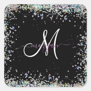Holografische Glitter Regenboog Pastels Monogram Vierkante Sticker