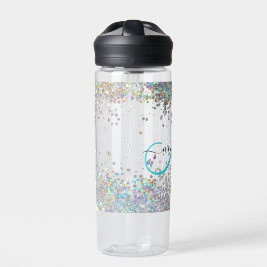 Holografische Glitter Regenboog Pastels Monogram Waterfles (Voorkant)