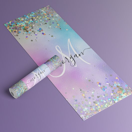 Holografische Glitter Regenboog Pastels Monogram Yogamat