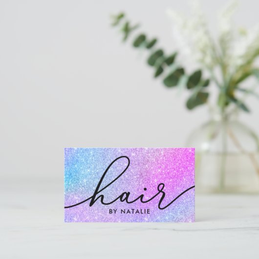 Holografische Glitter Script Typografie Hair Styli Visitekaartje (Staand voorkant)