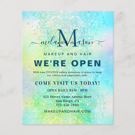 Holografische Glitter We're Open Salon Modern Beau Flyer (Voorkant)