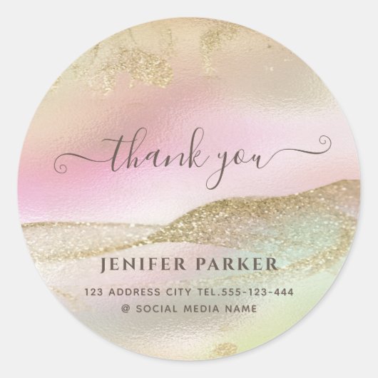 Holografische glitters goud script bedankt ronde sticker (Voorkant)