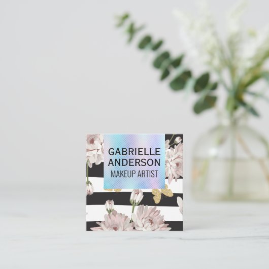 Holografische Gradiënt | Bloemen en Vlinders Vierkante Visitekaartje (Staand voorkant)