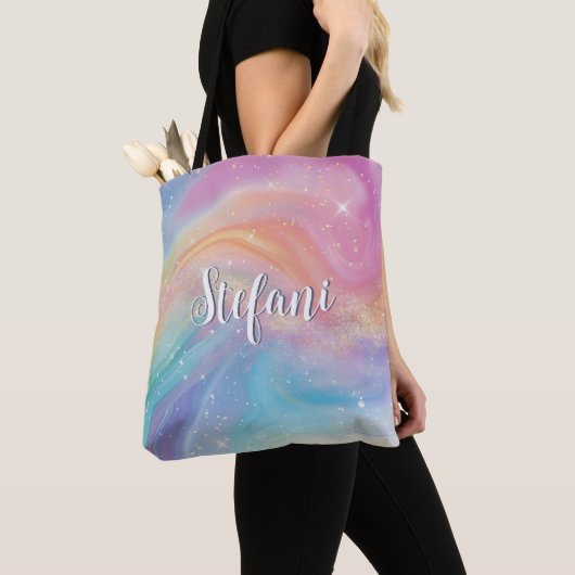 Holografische iriserende regenboog eenhoorn gepers tote bag (Dichtbij)