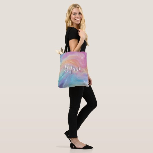 Holografische iriserende regenboog eenhoorn gepers tote bag (Op model)