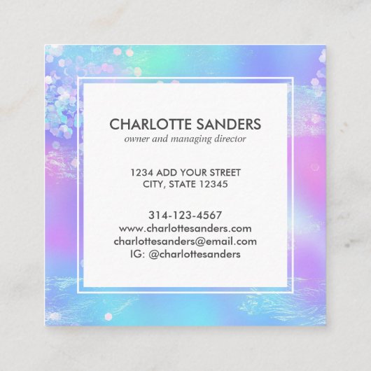 Holografische iriserende sprankelende glitter vierkante visitekaartje (Achterkant)