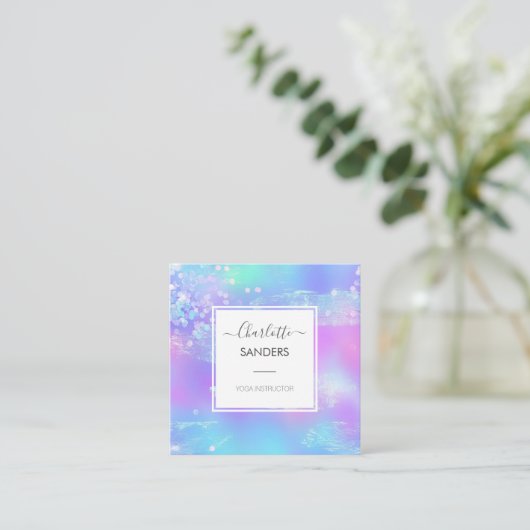 Holografische iriserende sprankelende glitter vierkante visitekaartje (Staand voorkant)