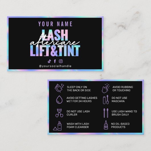Holografische Lash Lift en Tint Aftercare Kaart Visitekaartje (Voorkant / Achterkant)
