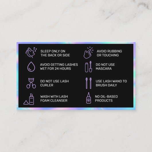 Holografische Lash Lift en Tint Aftercare Kaart Visitekaartje (Achterkant)