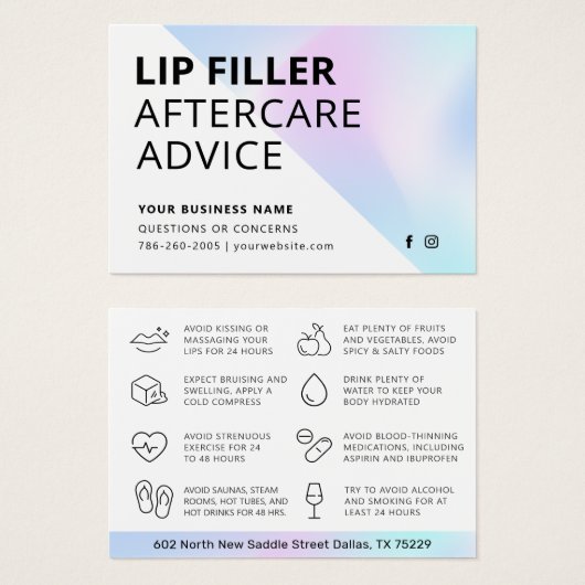 Holografische Lip Filler Aftercare Instructions Ka Visitekaartje (Voorkant /achterkant)