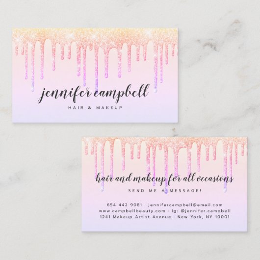 Holografische make-up haar pastel roze glitter dru visitekaartje (Voorkant / Achterkant)