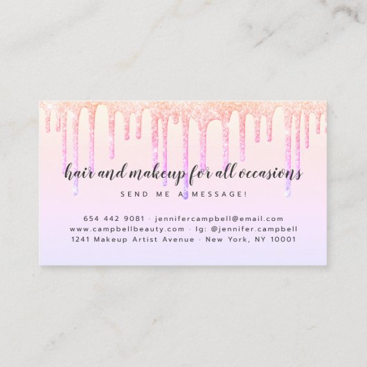 Holografische make-up haar pastel roze glitter dru visitekaartje (Achterkant)