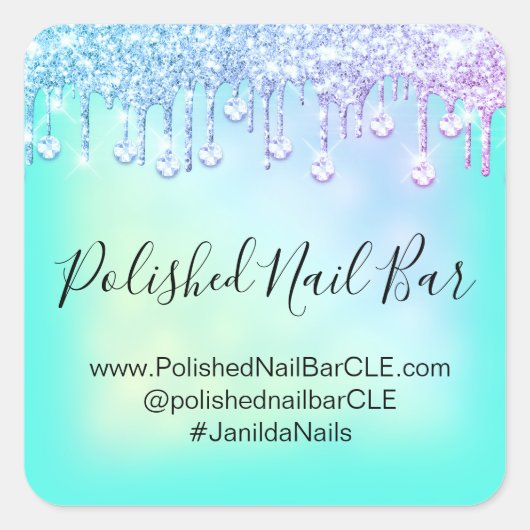 Holografische Mint Blauwe Diamant Drips Nagel Roze Vierkante Sticker (Voorkant)