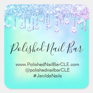 Holografische Mint Blauwe Diamant Drips Nagel Roze Vierkante Sticker