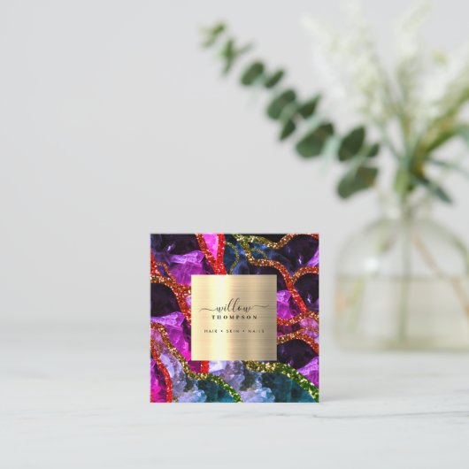 Holografische Opal Paarse Geode Agate QR-code Vierkante Visitekaartje (Staand voorkant)