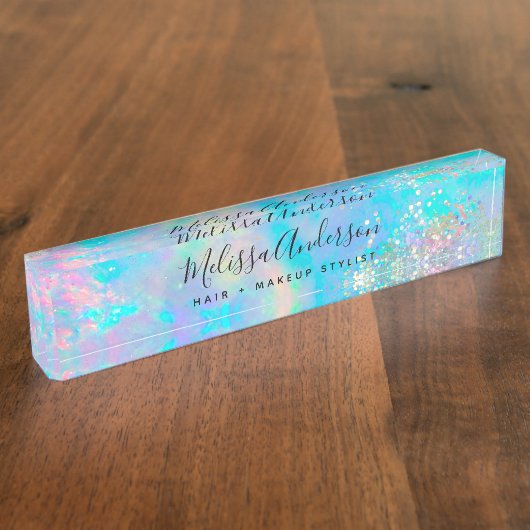 Holografische Opal Stone Glitter Calligrafie Naambordje (Zijkant)