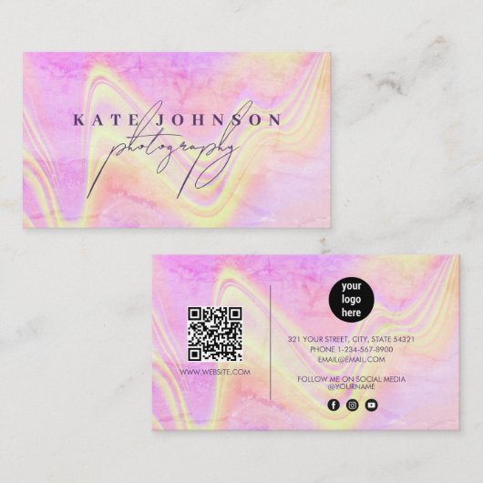 Holografische Opal Stone Marble Script QR Code Visitekaartje (Voorkant / Achterkant)