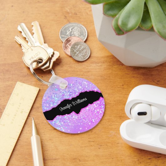 Holografische Paarse Glitter Aangepaste Naam Agaat Sleutelhanger (Bureau)