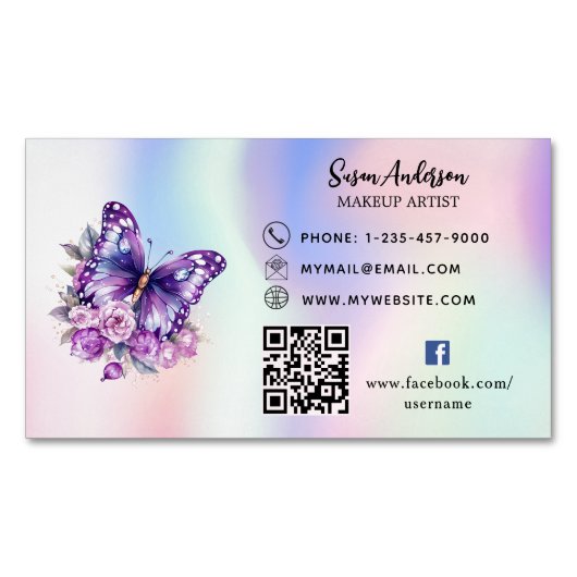 Holografische paarse vlinder QR-code Facebook Magnetisch Visitekaartje (Voorkant)