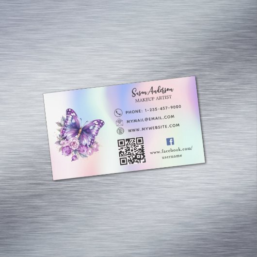 Holografische paarse vlinder QR-code Facebook Magnetisch Visitekaartje (Voorbeeld)