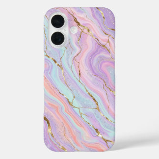 Holografische Pastel Eenhoorn Marmer Goud Glitter iPhone 16 Hoesje