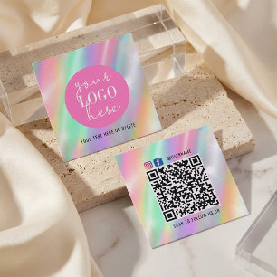 Holografische Pastel Merkkaart met QR-code Vierkante Visitekaartje