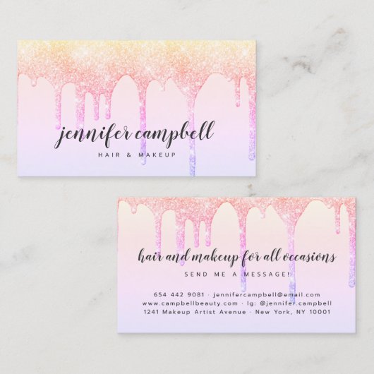 Holografische pastel roze glitter druppels make-up visitekaartje (Voorkant / Achterkant)