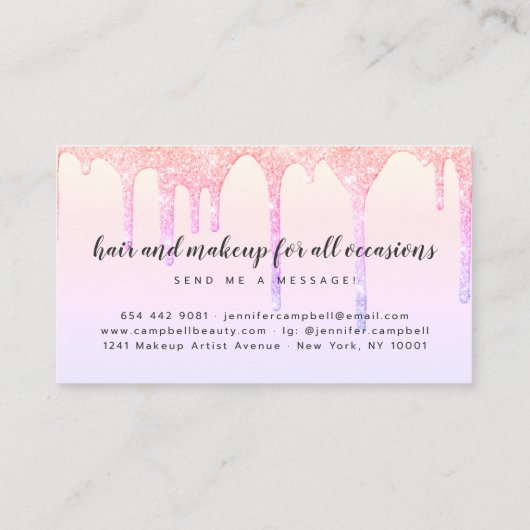 Holografische pastel roze glitter druppels make-up visitekaartje (Achterkant)