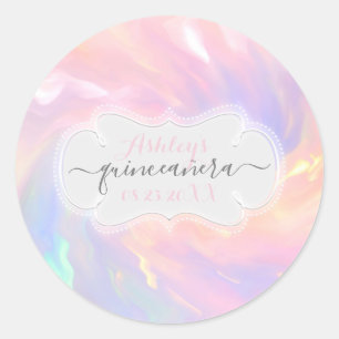 Holografische Prinses Roze Naam Datum Quinceañera Ronde Sticker
