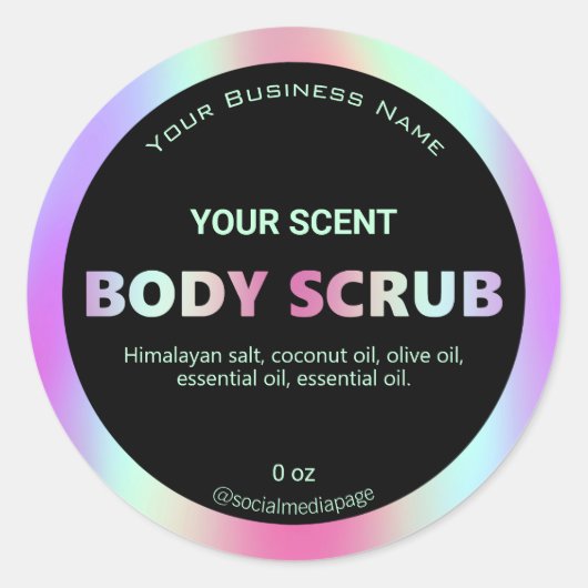 Holografische regenboogkleurige body scrub-labels ronde sticker (Voorkant)
