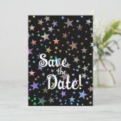 Holografische Regenboogsterren HBTQ Trouwfeest Save The Date (Staand voorkant)