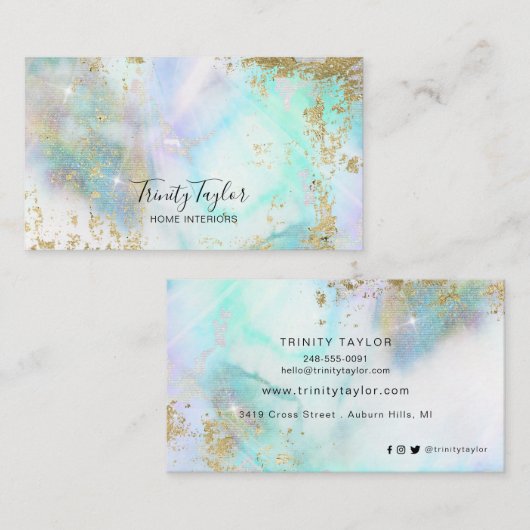 Holografische regenboogwolken en faux goudblad visitekaartje (Voorkant / Achterkant)