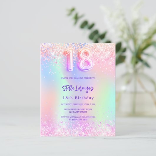 Holografische roze 18e verjaardag budget uitnodigi (Staand voorkant)