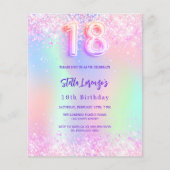 Holografische roze 18e verjaardag budget uitnodigi (Voorkant)