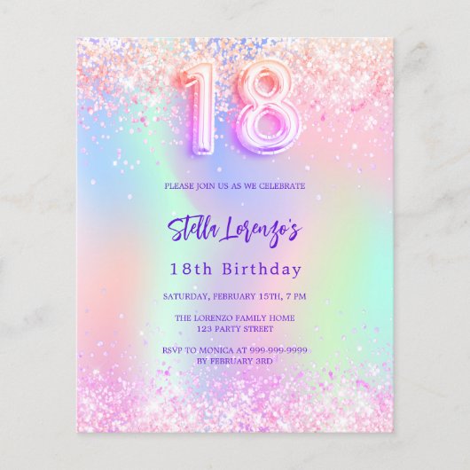 Holografische roze 18e verjaardag budget uitnodigi (Voorkant)
