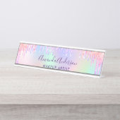 Holografische roze druppels bureau naambordje (Voorkant)
