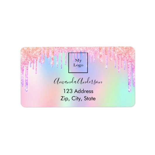 Holografische roze druppels zakelijk retouradres etiket (Voorkant)