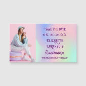 Holografische roze foto Quinceanera Save the Date (Voorkant)