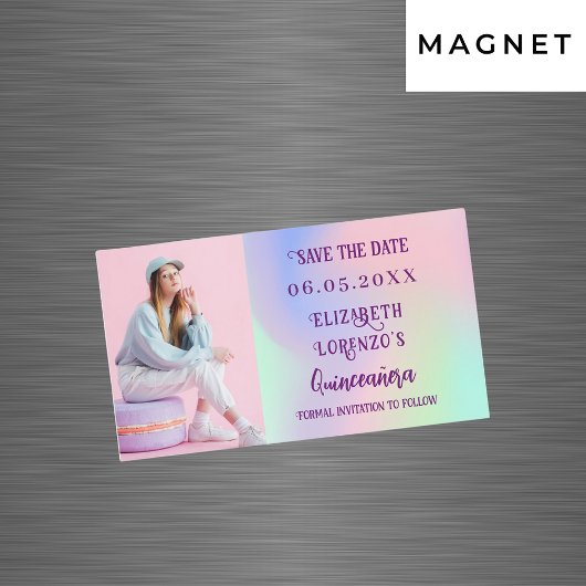 Holografische roze foto Quinceanera Save the Date