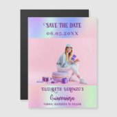 Holografische roze foto Quinceanera Save the Date (Voorkant / Achterkant)