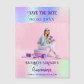 Holografische roze foto Quinceanera Save the Date (Voorkant)