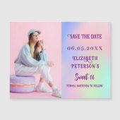 Holografische roze foto Sweet 16 Save the Date (Voorkant)