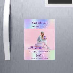 Holografische roze foto Sweet 16 Save the Date