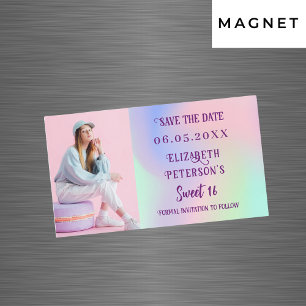 Holografische roze foto Sweet 16 Save the Date