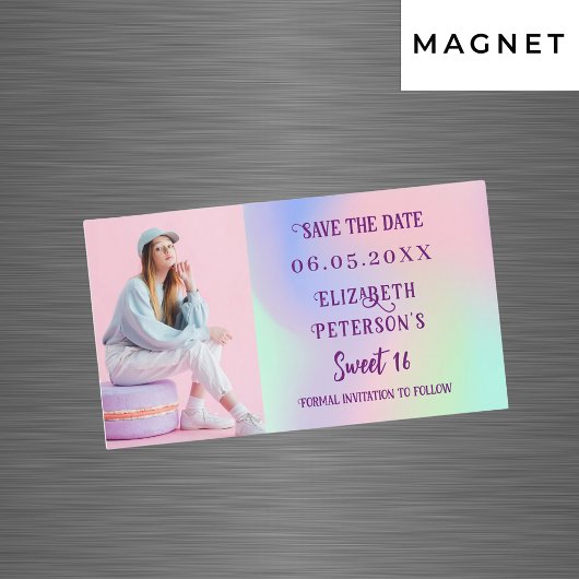 Holografische roze foto Sweet 16 Save the Date