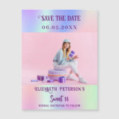 Holografische roze foto Sweet 16 Save the Date (Voorkant)
