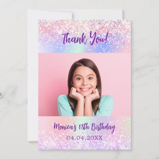 Holografische roze foto verjaardag dank u kaart (Voorkant)