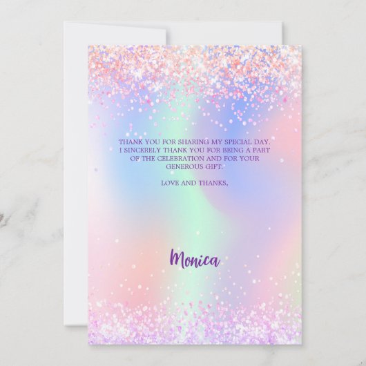Holografische roze foto verjaardag dank u kaart (Achterkant)