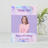 Holografische roze foto verjaardag dank u kaart (Staand voorkant)